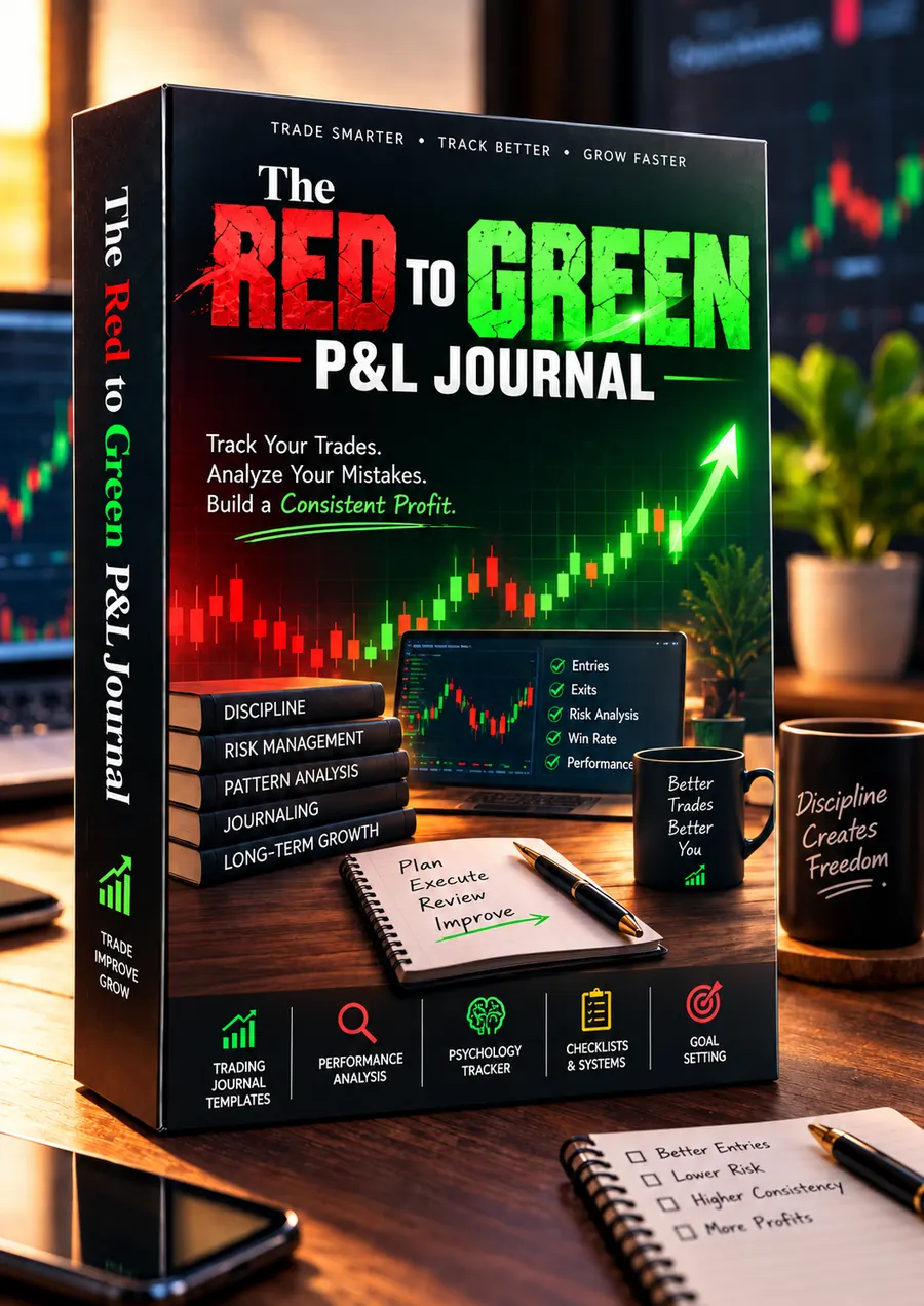 The Red to Green P&L Journal product mockup showing a trading journal, red-to-green candlestick chart, performance analysis and discipline checklist